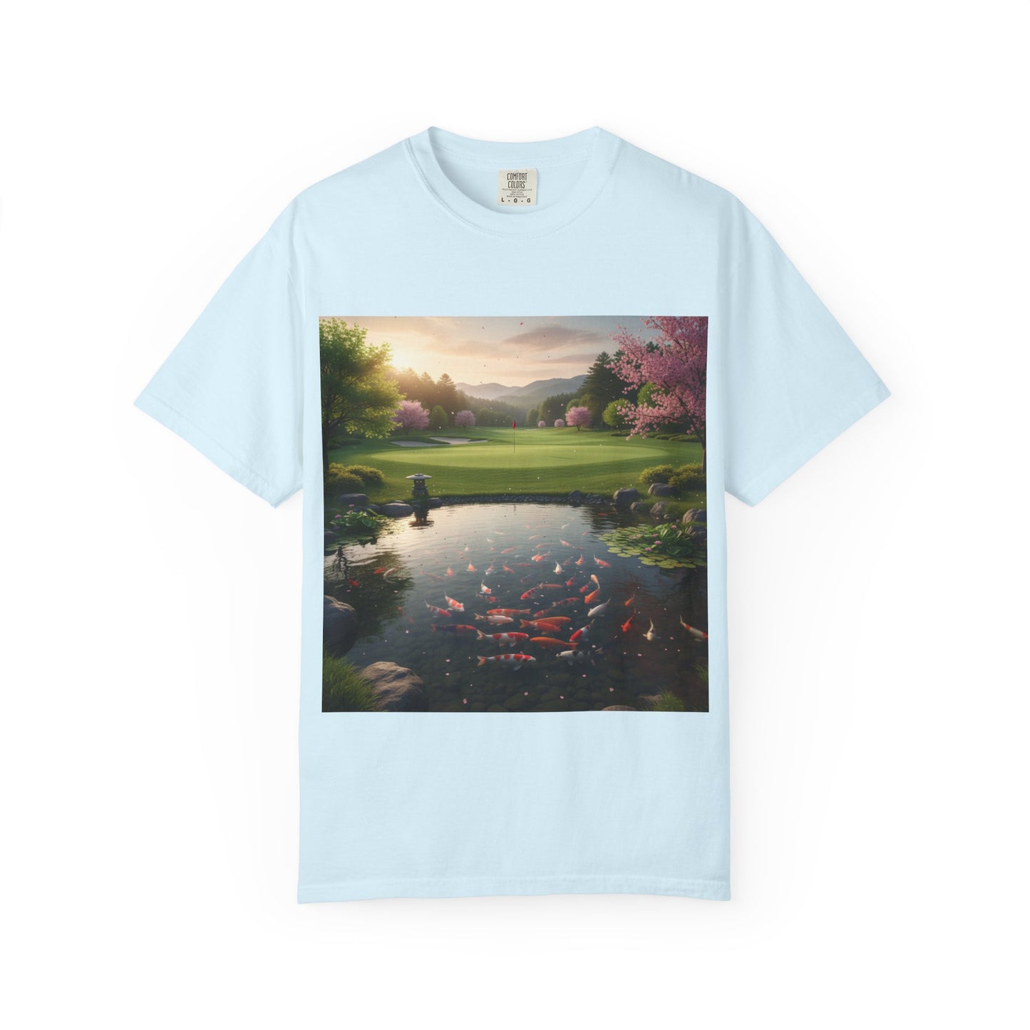 Zen Spot Golf Custom Zen Koi Pond Golf Course Sunset Graphic T-Shirt