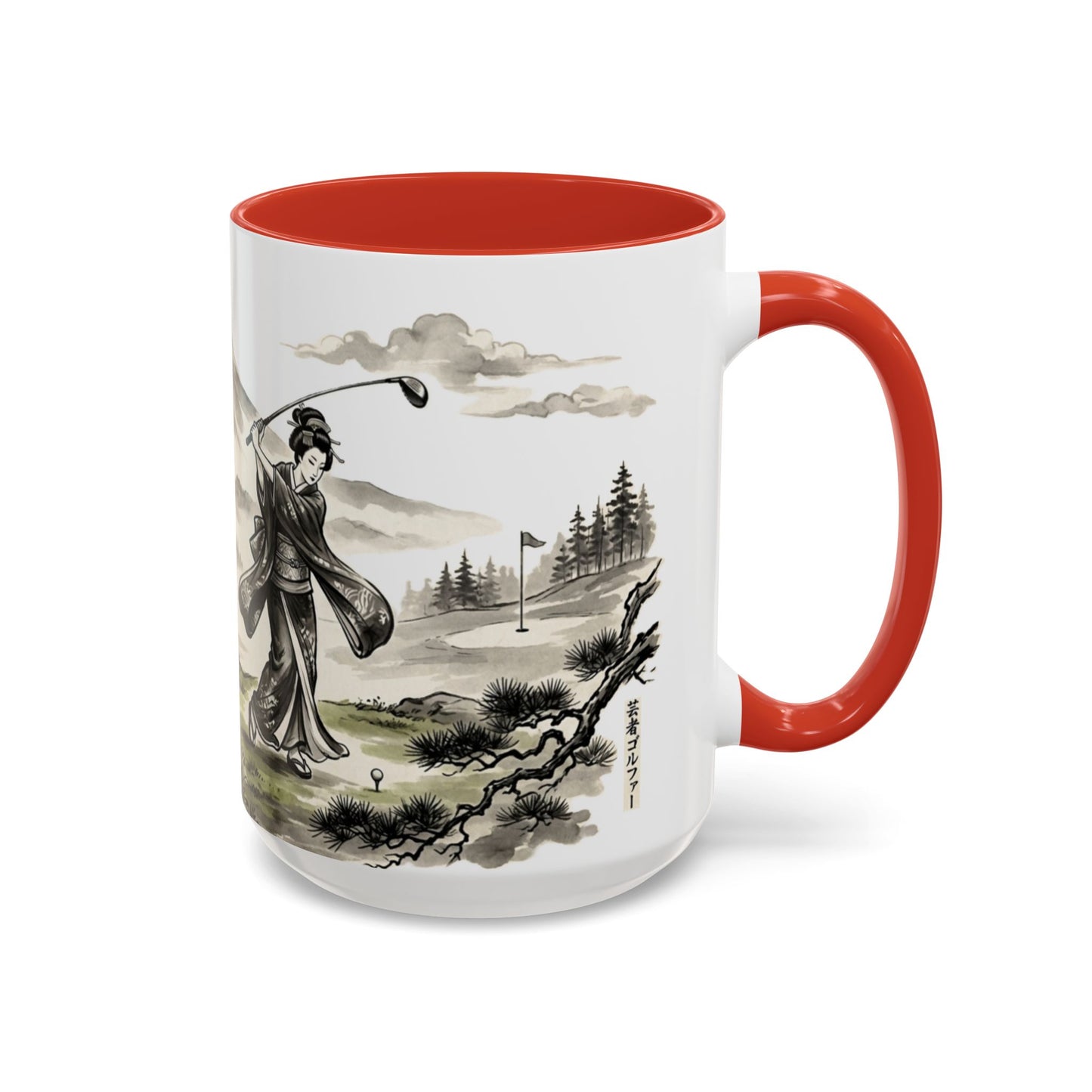 Zen Spot Golf Custom Japanese Golf Scene Accent Coffee Mug Ukiyo-e Style Golfing Geisha (11/15oz)