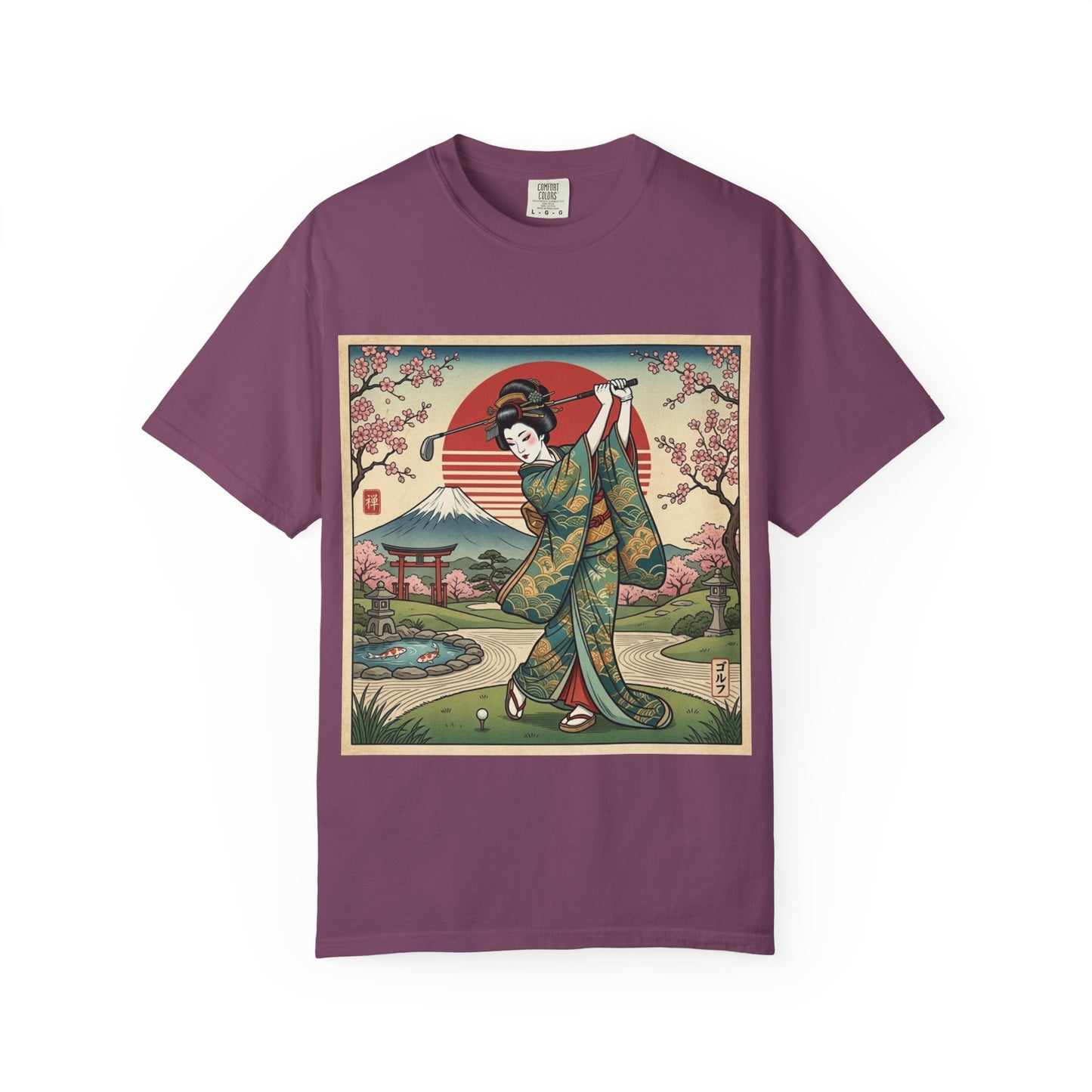 Zen Spot Golf Custom Vintage Japanese Kimono Geisha Golfer Sunset Graphic T-Shirt