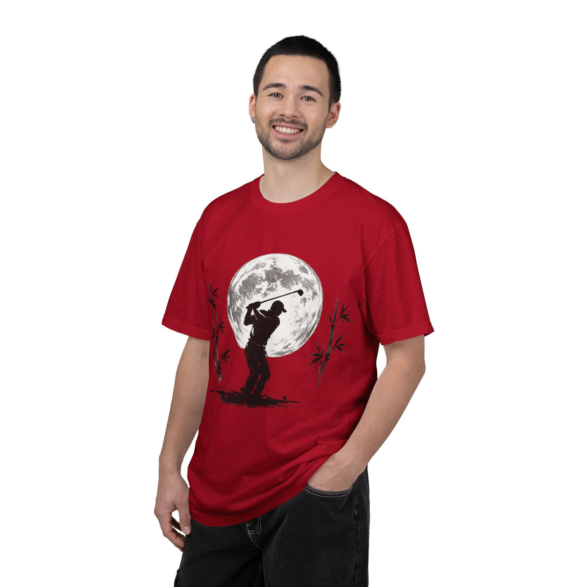Moonlight Golfer T‑Shirt — Silhouette Golf Tee with Full Moon and Bamboo Design