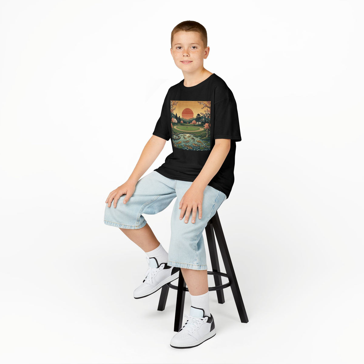 Vintage Japanese Sunset Golf Course Graphic Kids T-Shirt