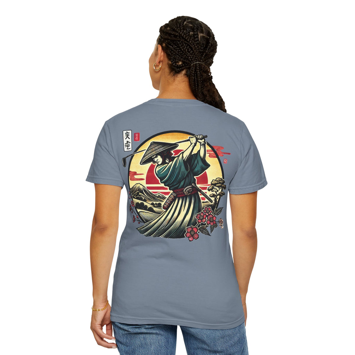 Samurai Golfer Sunset Chest and Back Design Graphic T-Shirt