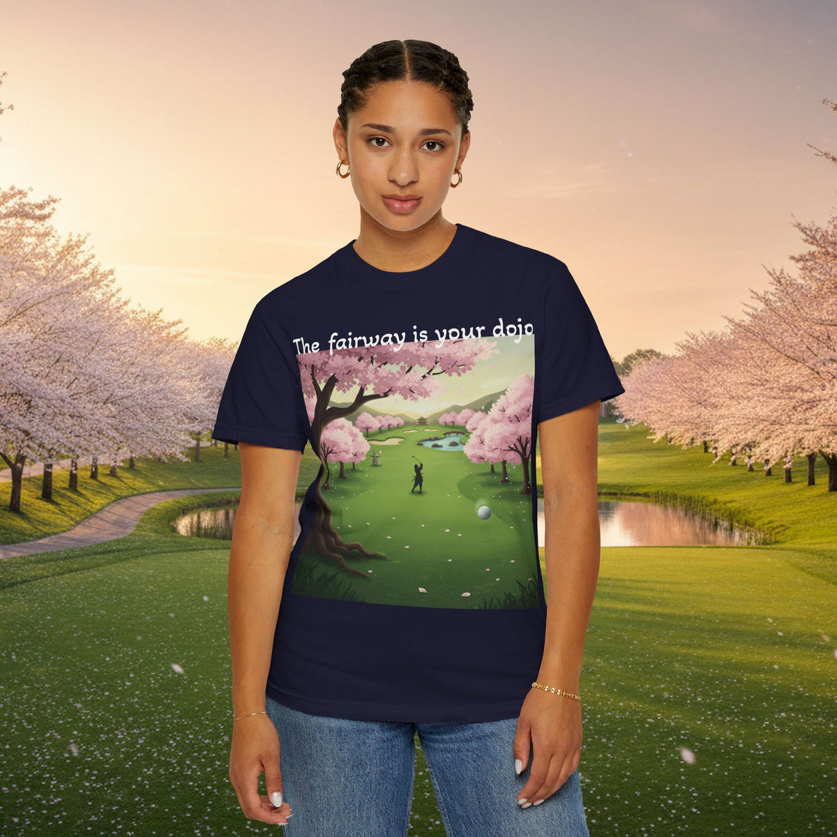 Mindfulness T-Shirt — "The fairway is your dojo" Cherry Blossom Graphic