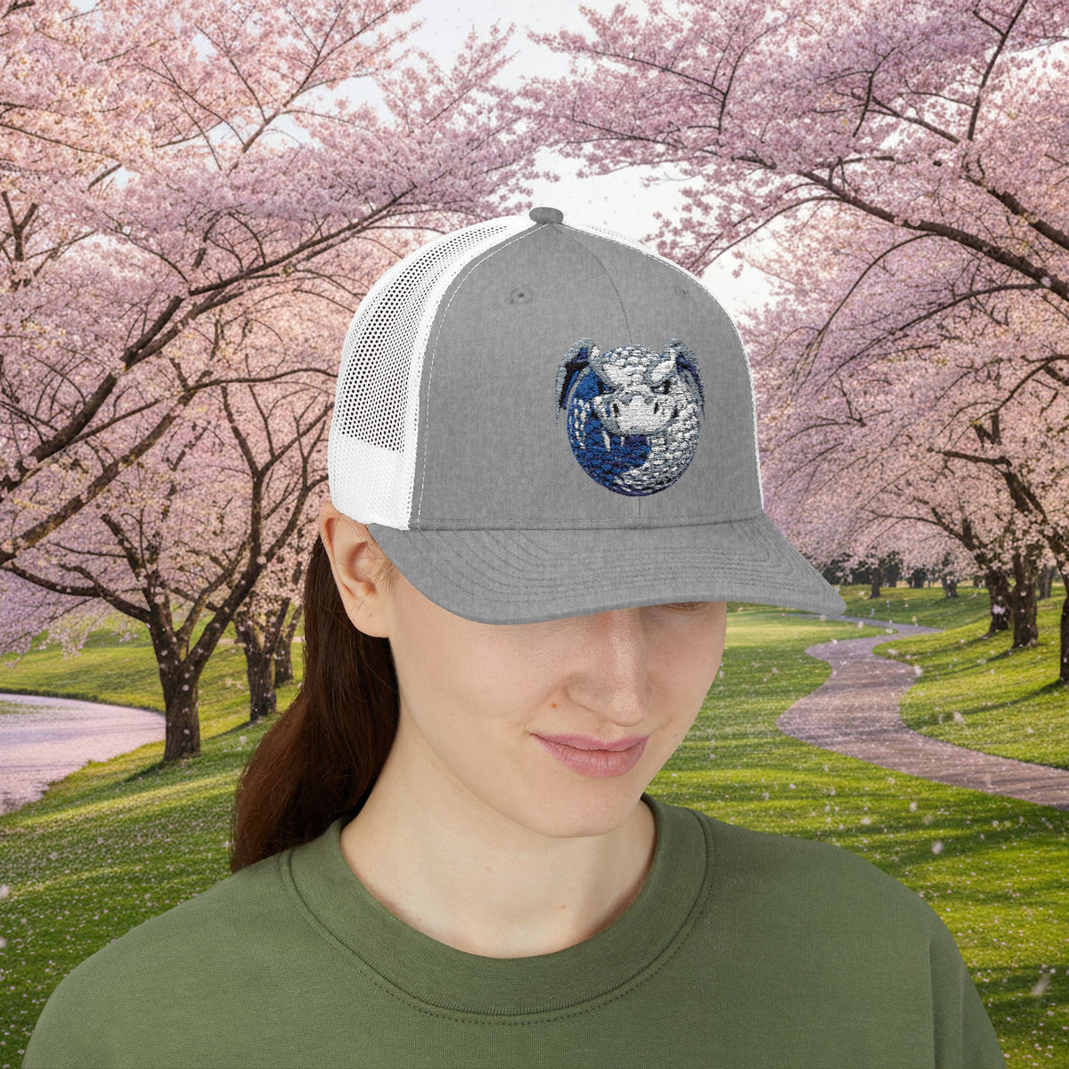 Embroidered White and Grey Stitched "Dragon Golf Ball" Trucker Cap