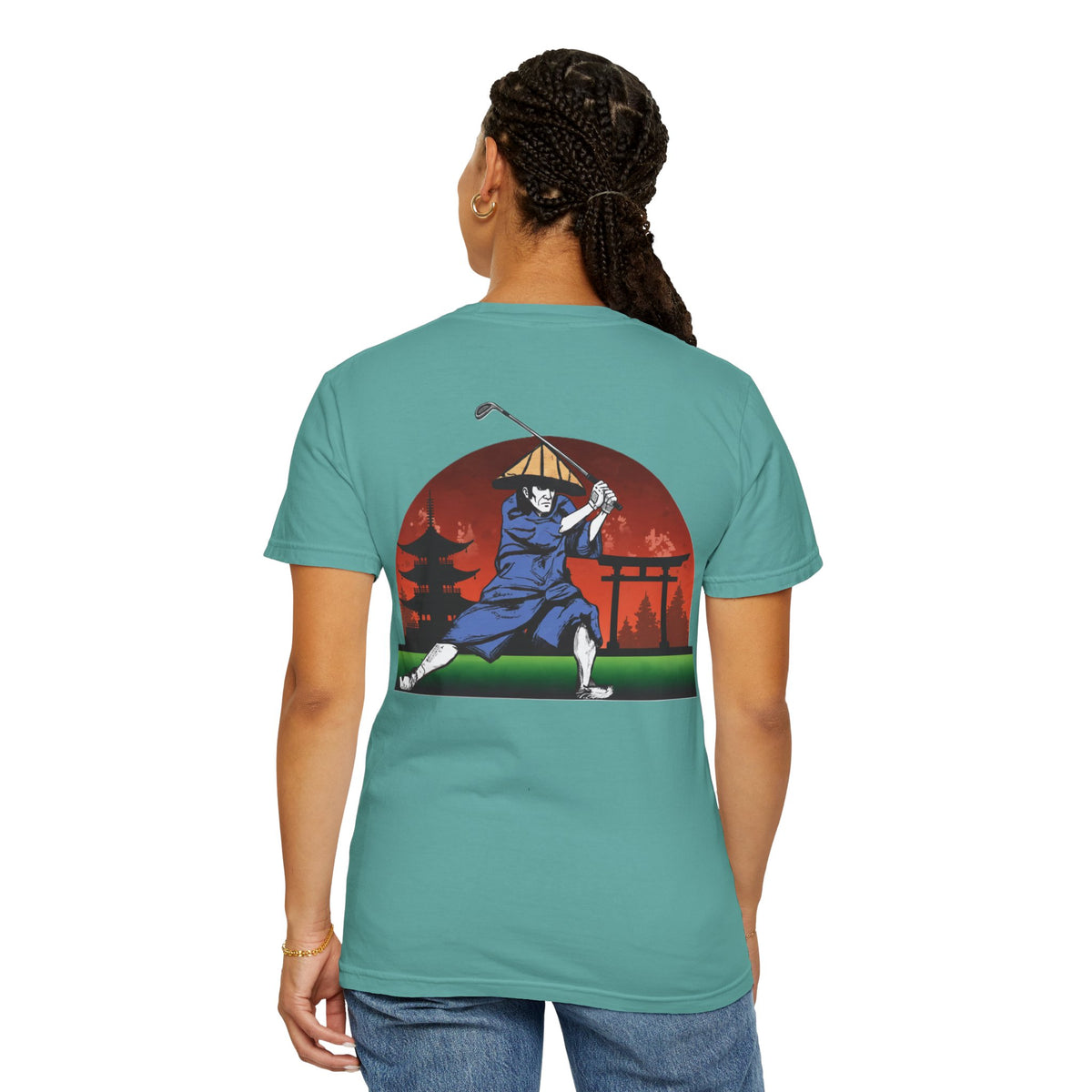 Japanese Sunset Samurai Golfer Chest and Back Graphic T-Shirt