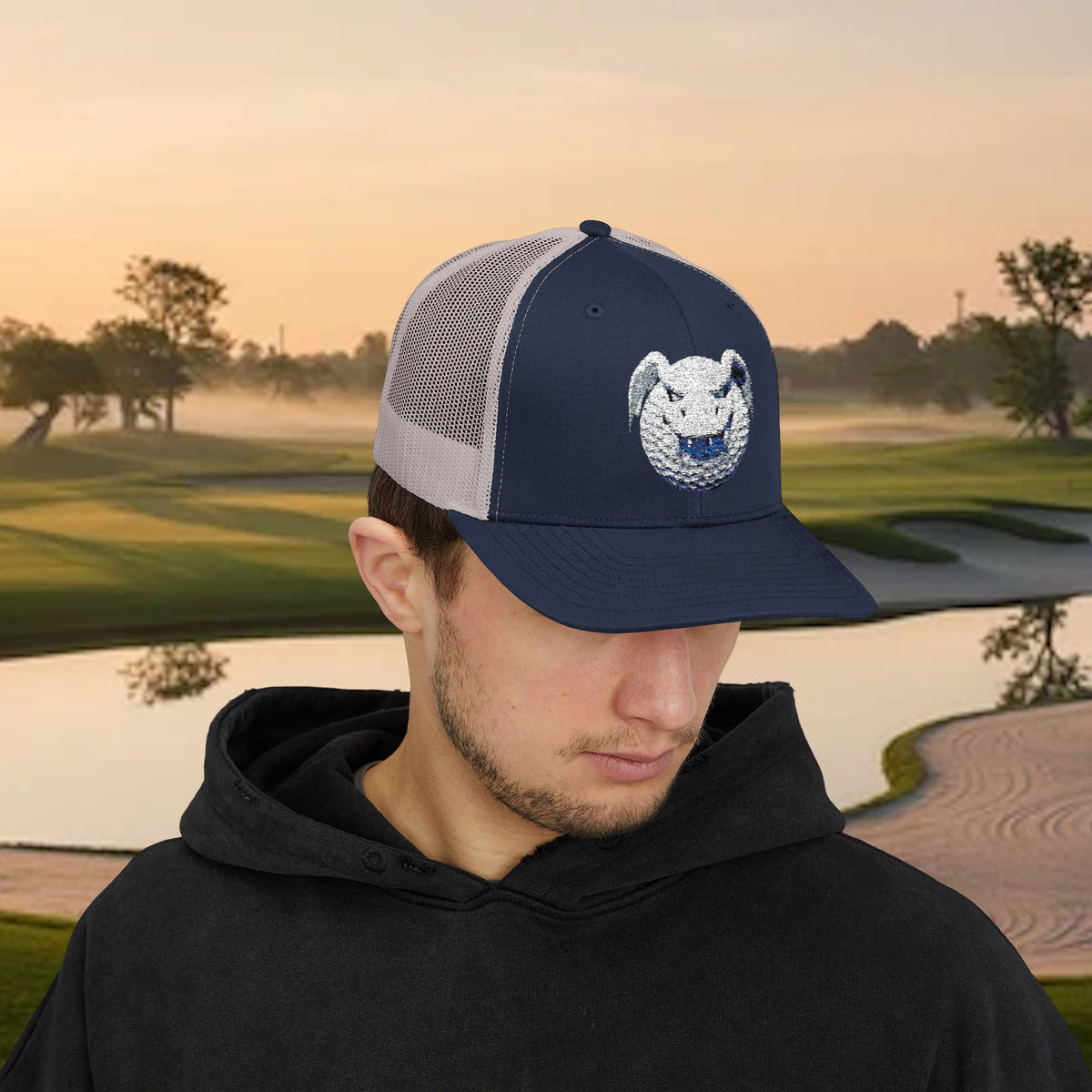 Embroidered White Stitched "Dragon Golf Ball" Trucker Cap