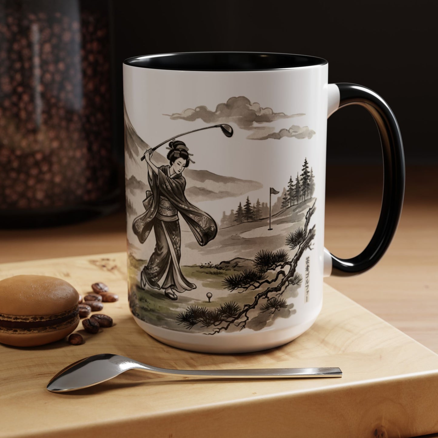 Zen Spot Golf Custom Japanese Golf Scene Accent Coffee Mug Ukiyo-e Style Golfing Geisha (11/15oz)