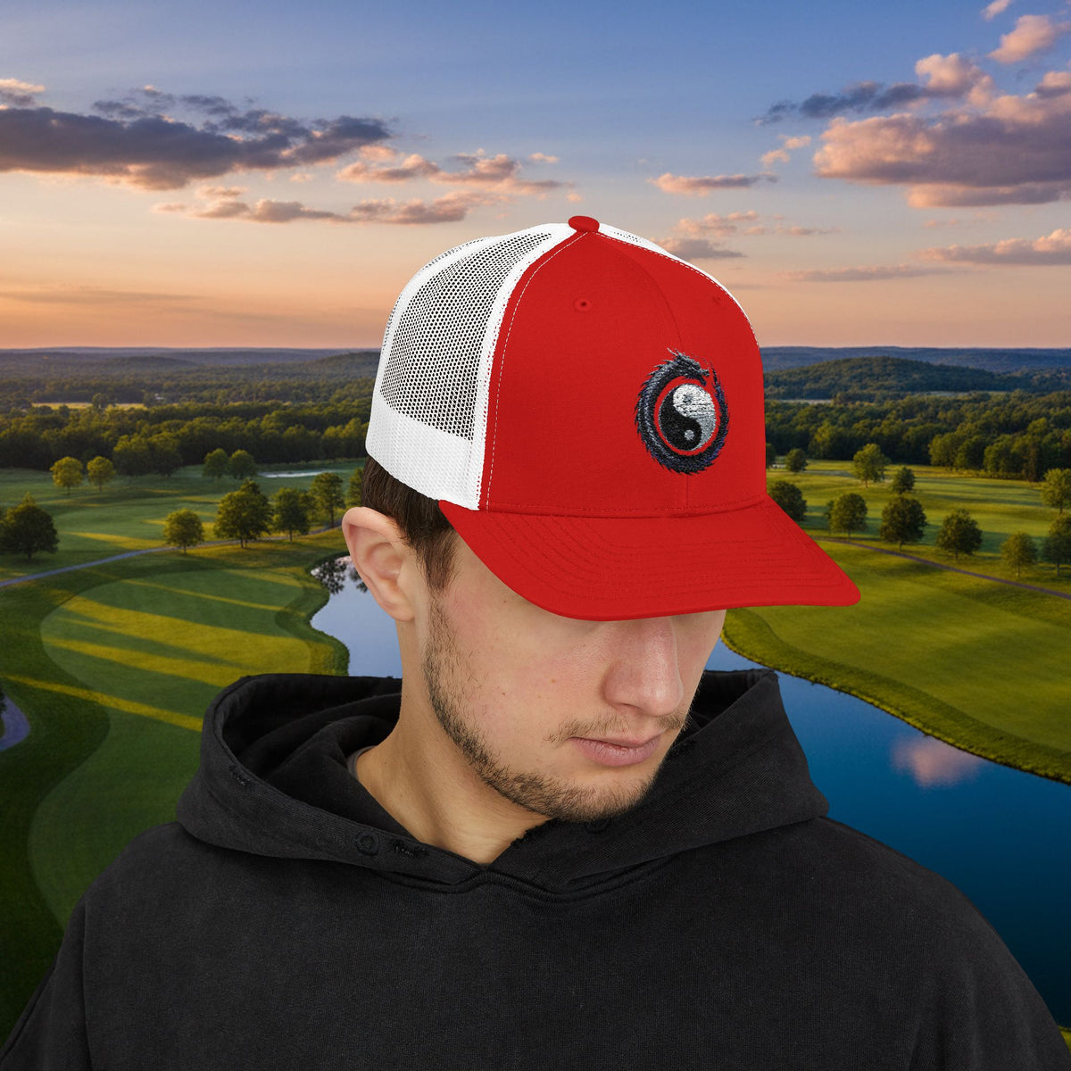 Embroidered Yin Yang Dragon Golf Ball Trucker Hat