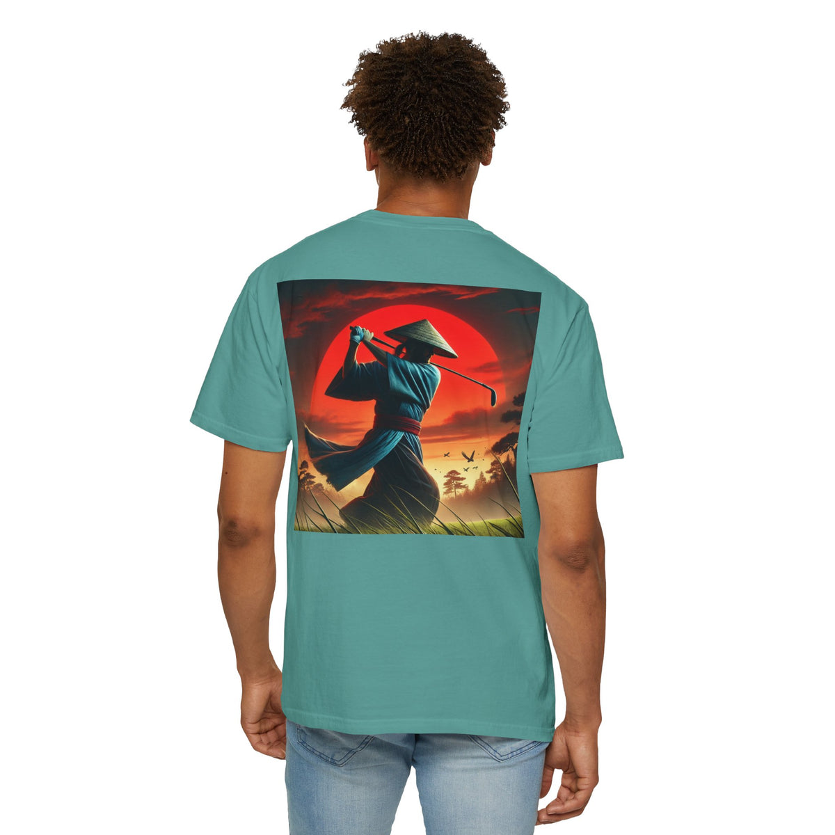 Enso Circle Golf  Stroke Chest Sunset Warrior Samurai Golfer Back Graphic T-Shirt