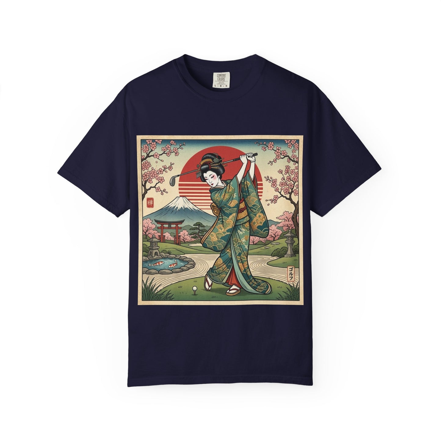 Zen Spot Golf Custom Vintage Japanese Kimono Geisha Golfer Sunset Graphic T-Shirt