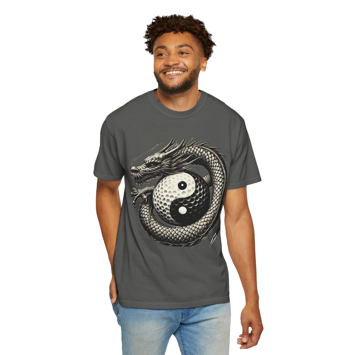 Yin Yang Dragon Golf Ball Front and Back Design Graphic T-Shirt