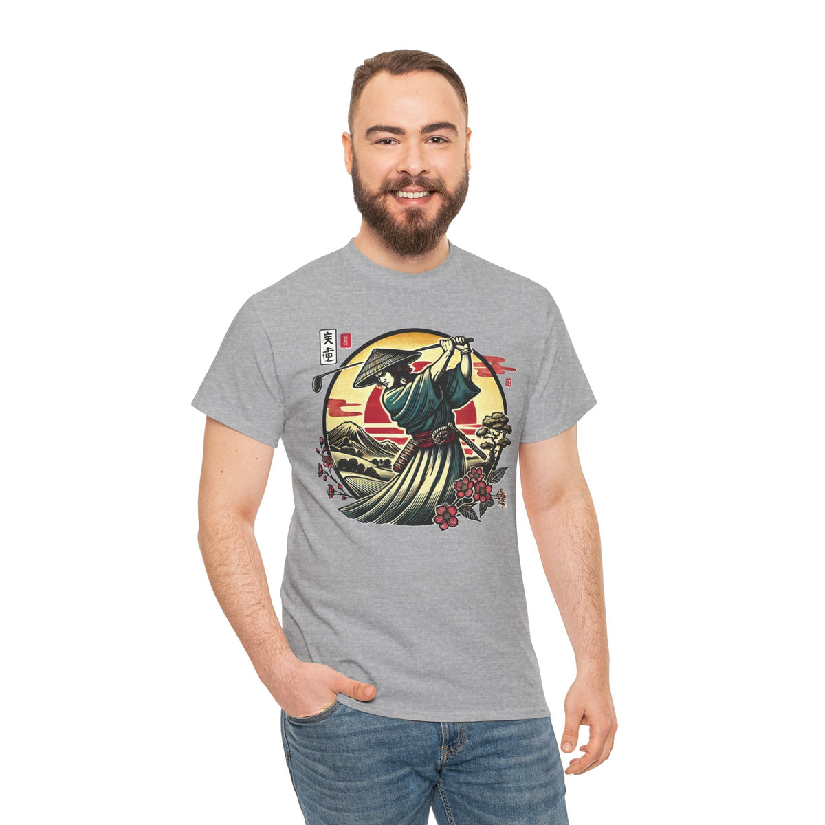 Japanese Samurai Golfer Sunset Graphic T‑Shirt