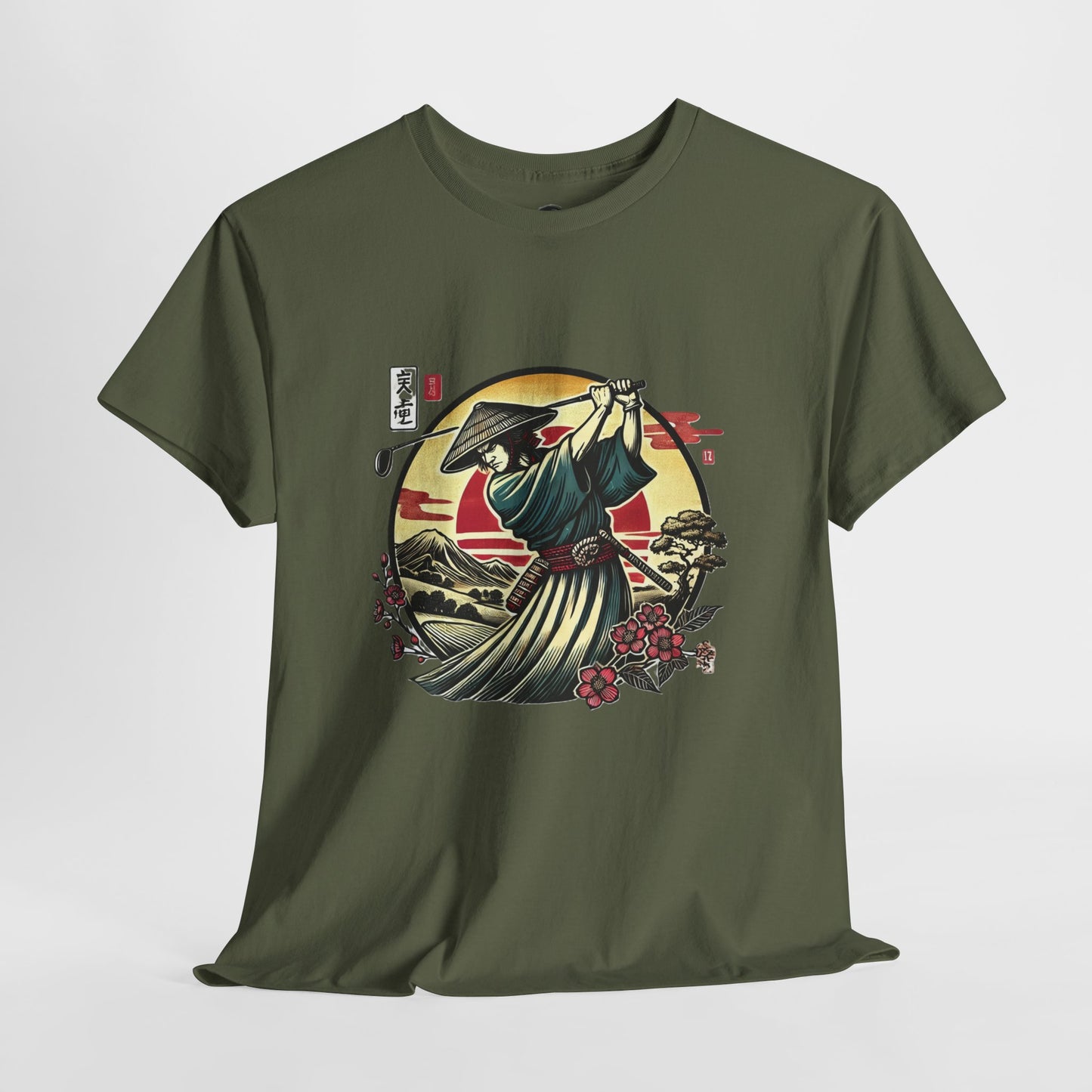 Zen Spot Customized Gildan Samurai Golfer Sunset T‑Shirt — Japanese Warrior Graphic Tee