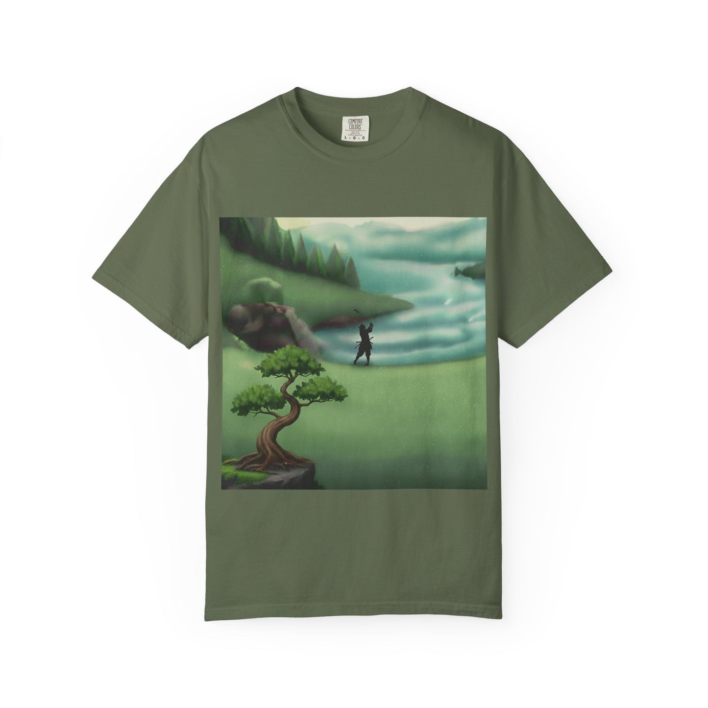 Golf Course Landscape T‑Shirt — Serene Golfer by Lake Graphic Tee