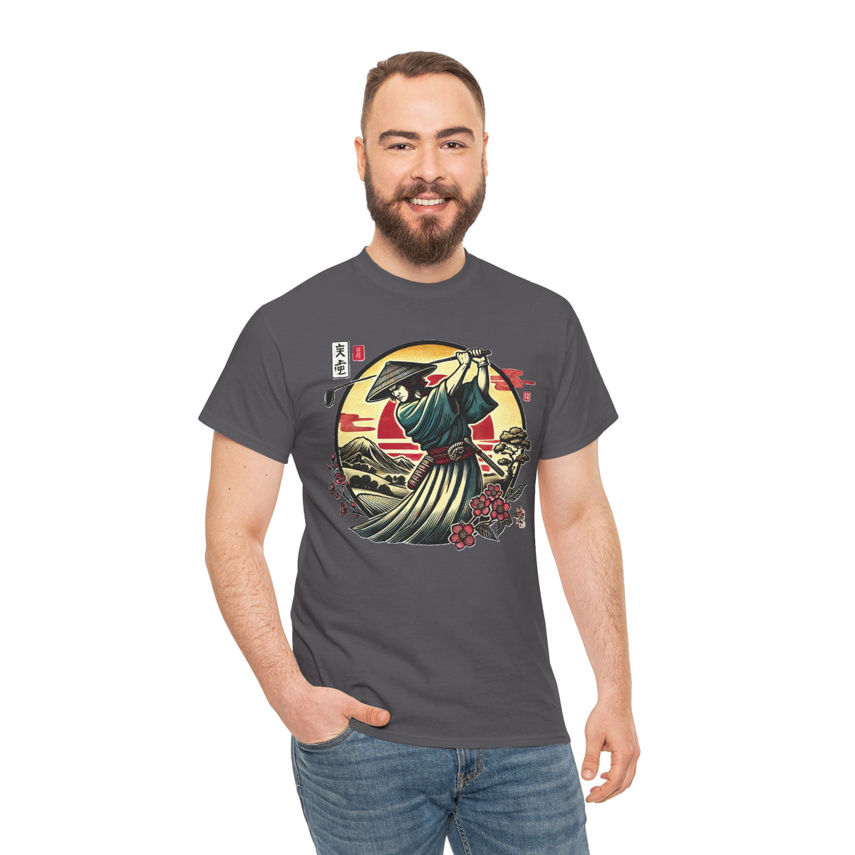 Japanese Samurai Golfer Sunset Graphic T‑Shirt