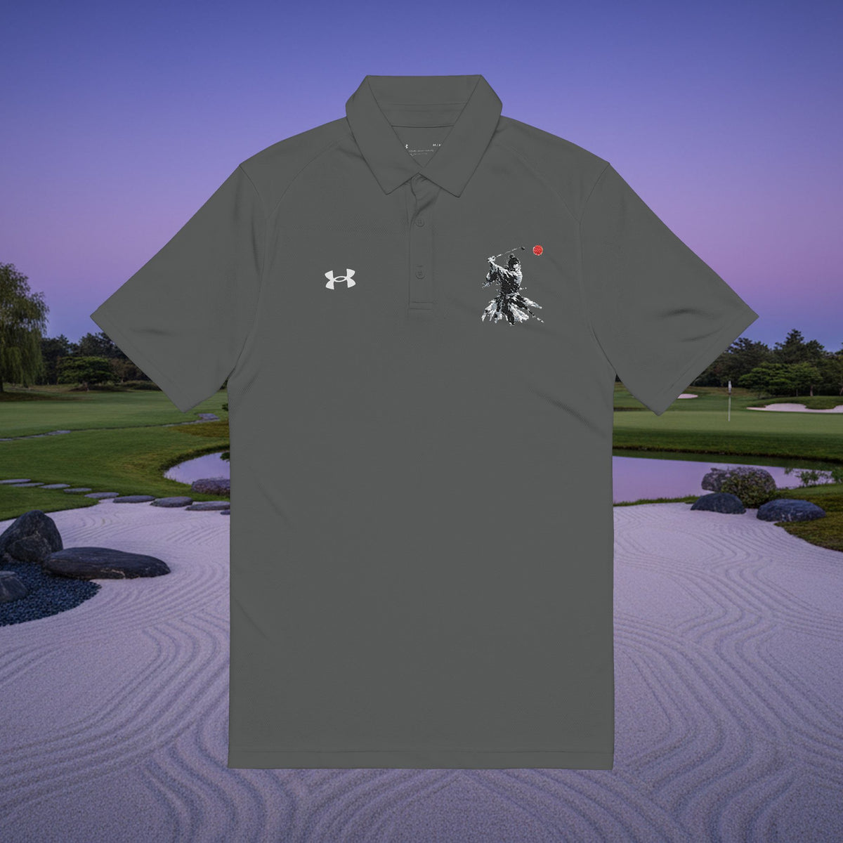 Embroidered Samurai Golfer Polo Shirt — Minimalist Japanese Ink Design