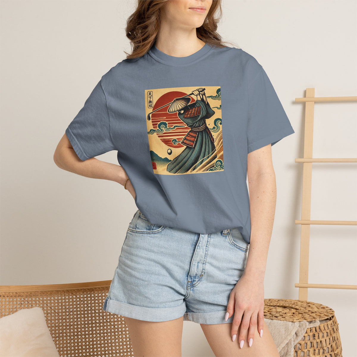 Vintage Japanese Samurai Golfer Sunset Graphic T-Shirt