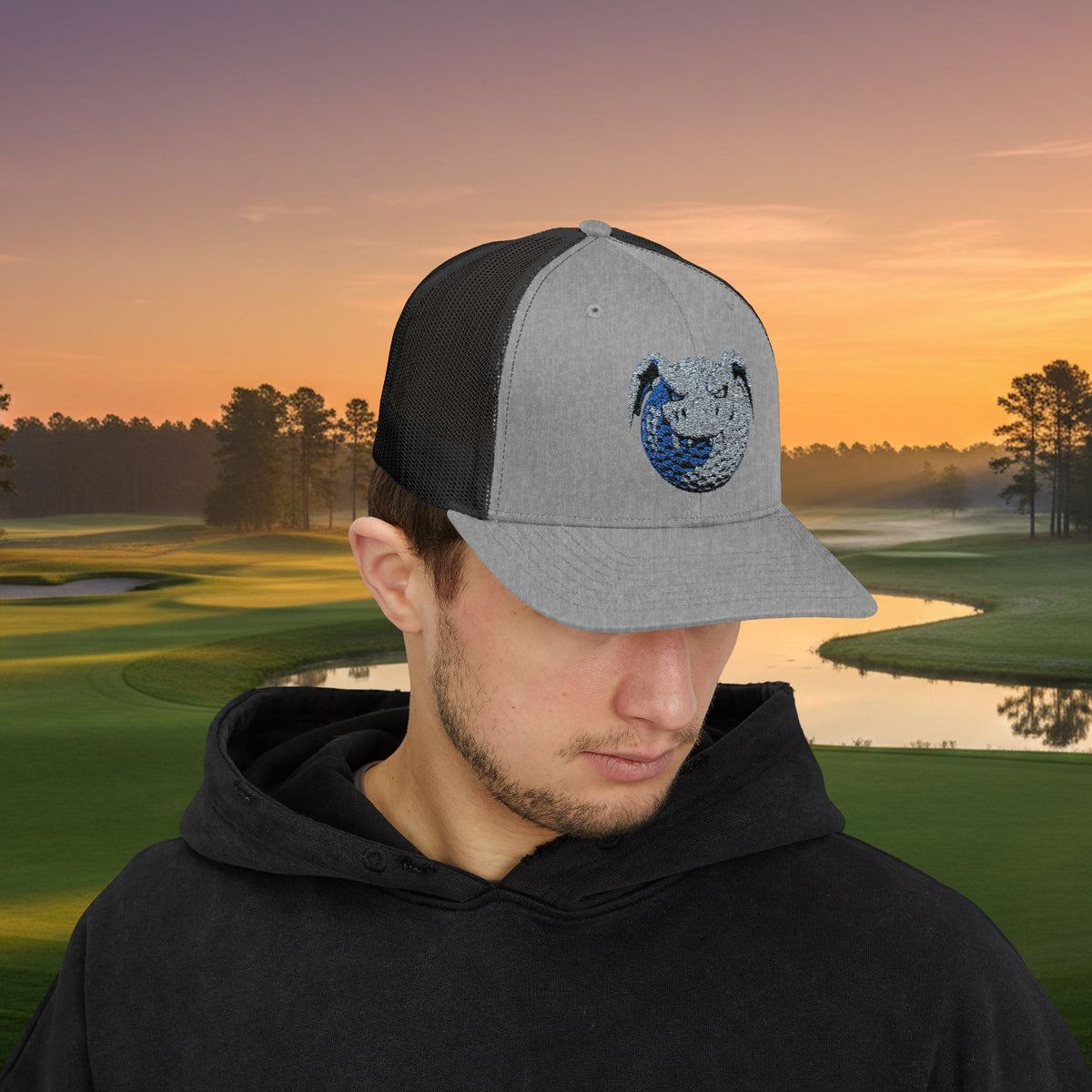 Embroidered Grey Stitched "Dragon Golf Ball" Trucker Cap