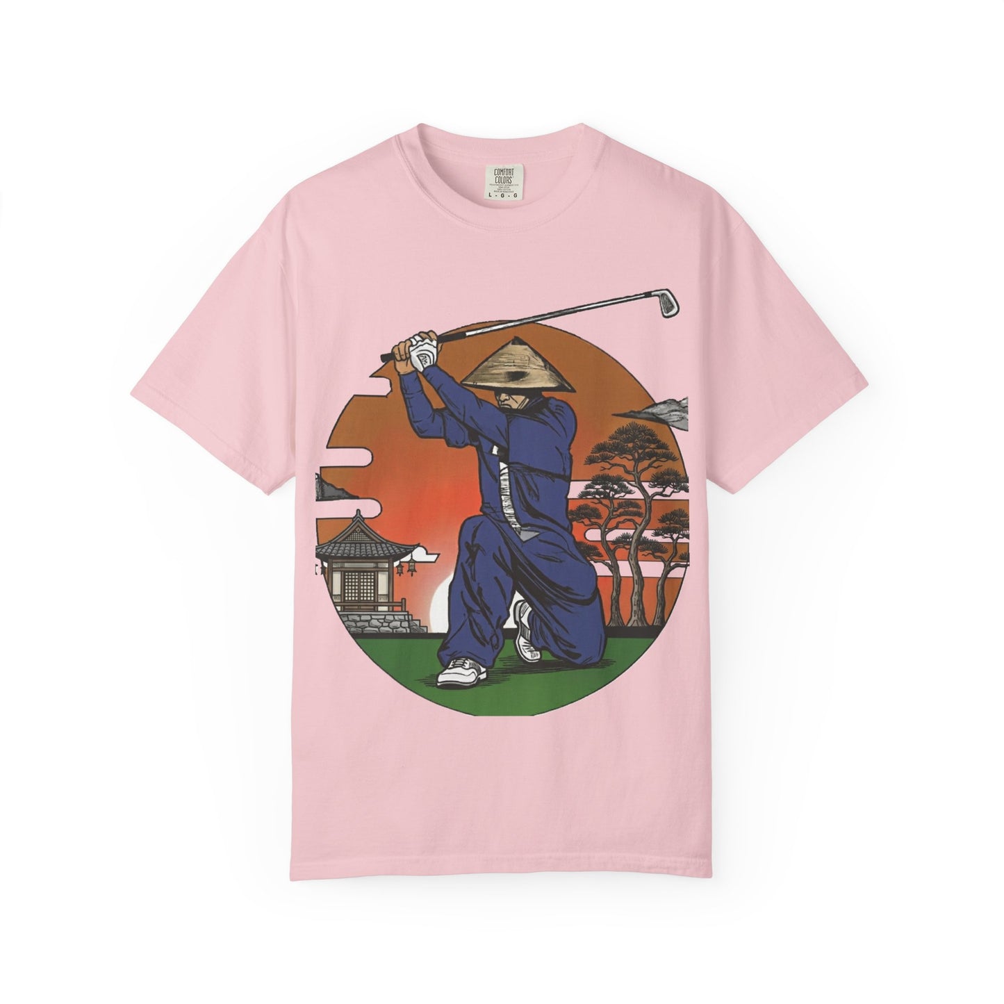 Zen Spot Golf Custom Vintage Sunset Samurai Golfer Graphic T‑Shirt