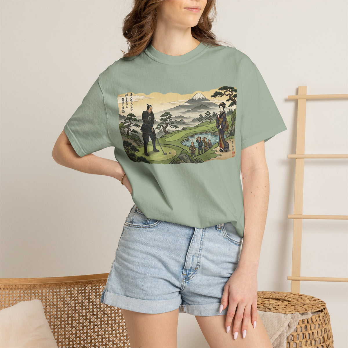 Vintage Samurai Golfer Mount Fuji Landscape Graphic T-Shirt