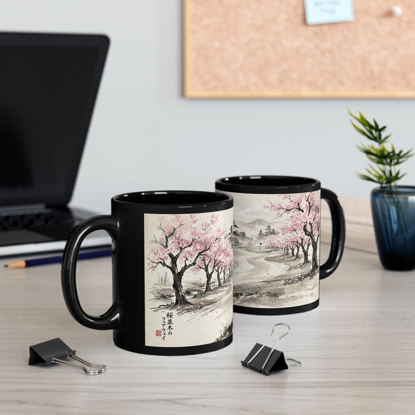 Zen Spot Golf Custom Cherry Blossom Landscape Mug Black Ceramic Coffee Tea Cup (11oz & 15oz)
