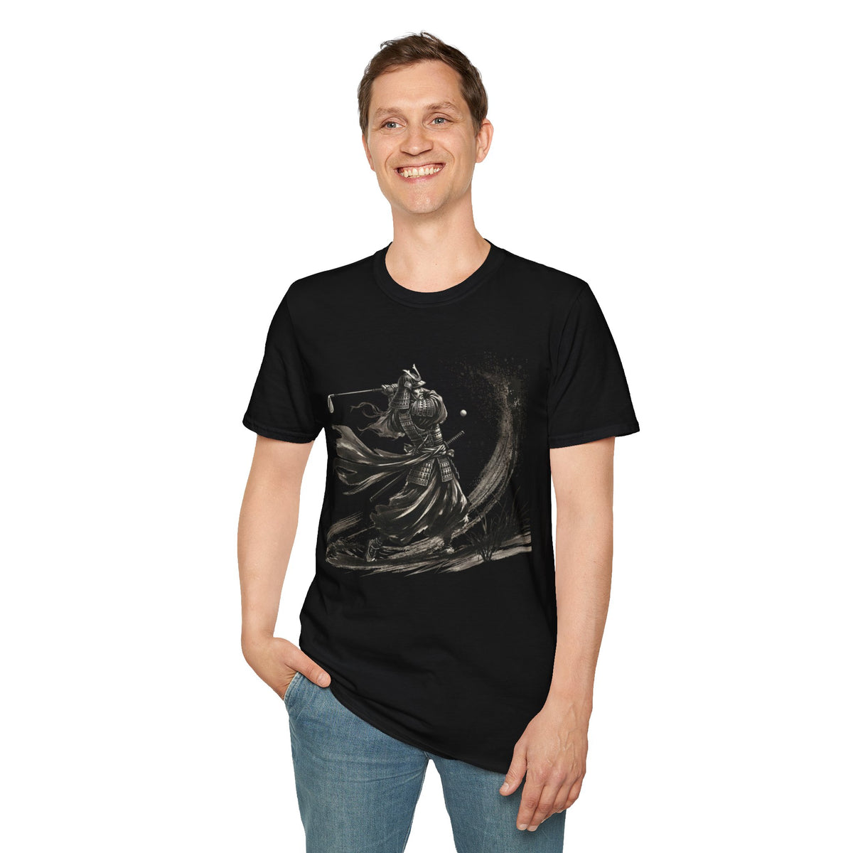 Armored Samurai Ink Art T-Shirt — Monochrome Warrior Golf Graphic Tee