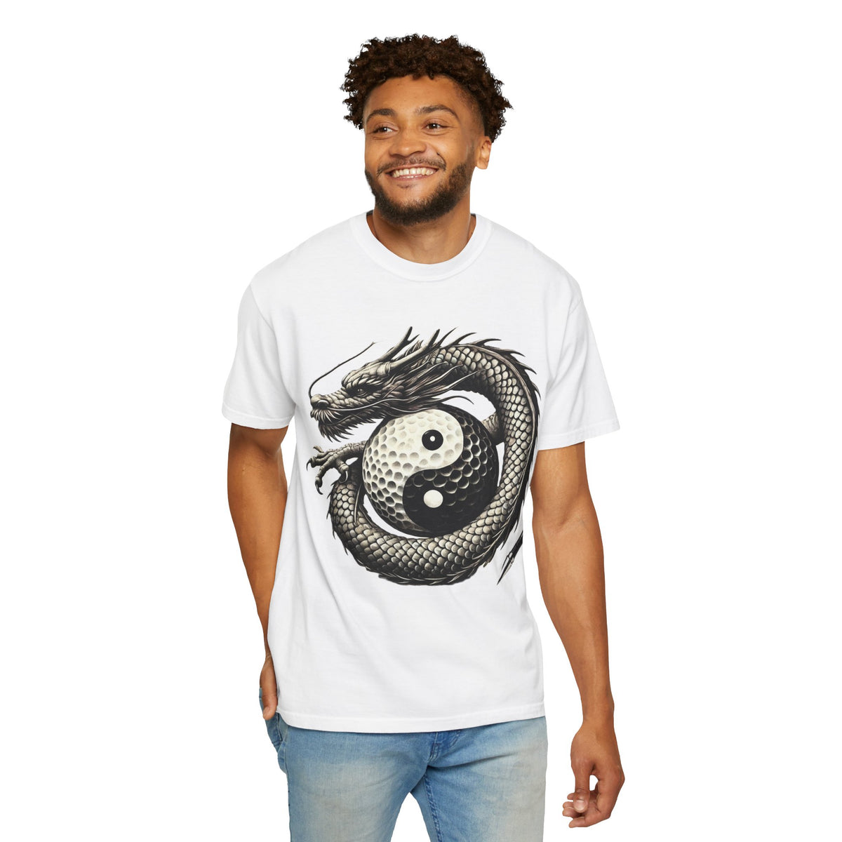 Yin Yang Dragon Golf Ball Front and Back Design Graphic T-Shirt