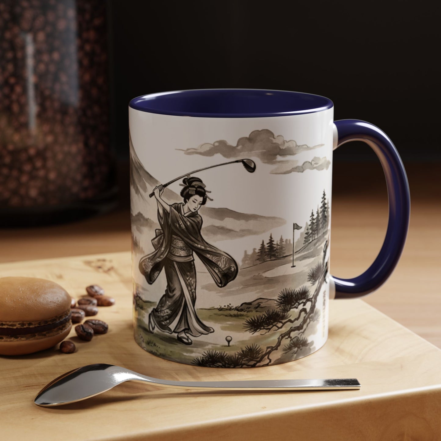 Zen Spot Golf Custom Japanese Golf Scene Accent Coffee Mug Ukiyo-e Style Golfing Geisha (11/15oz)
