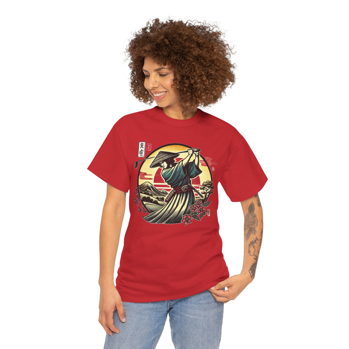 Japanese Samurai Golfer Sunset Graphic T‑Shirt