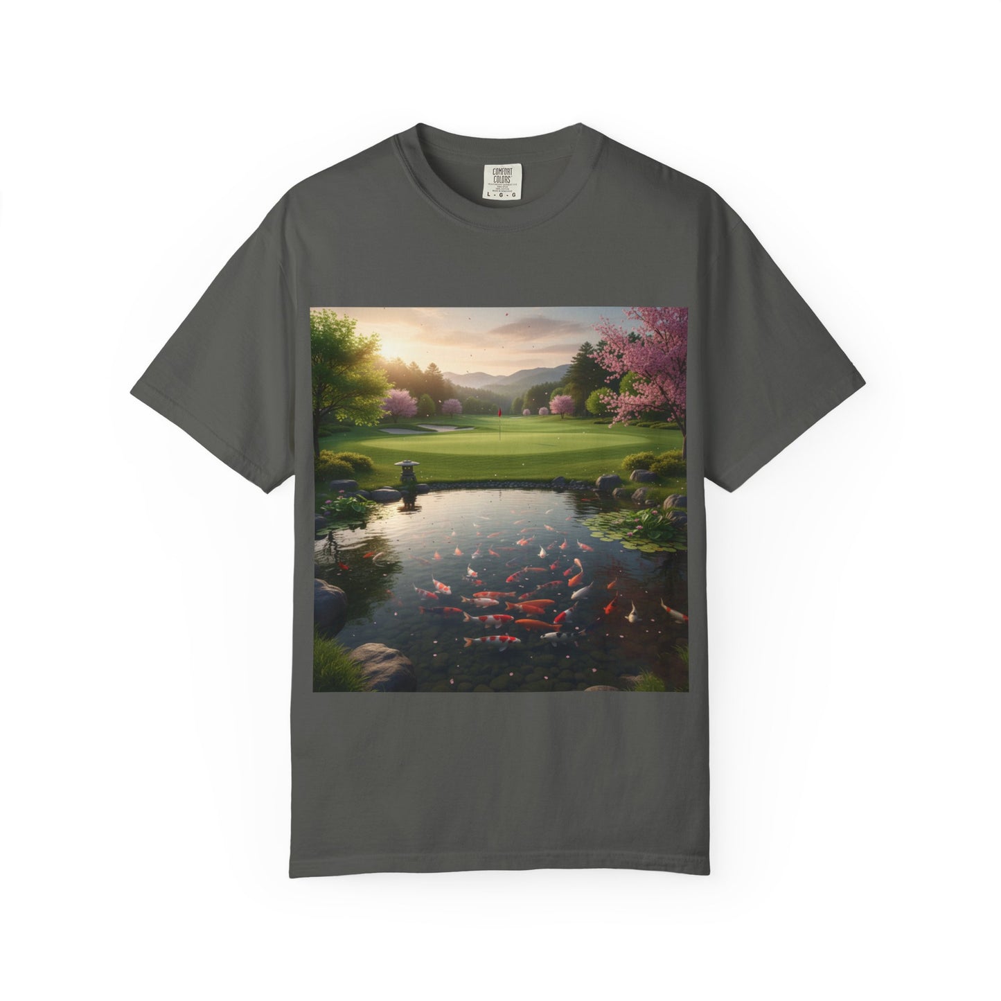 Zen Spot Golf Custom Zen Koi Pond Golf Course Sunset Graphic T-Shirt