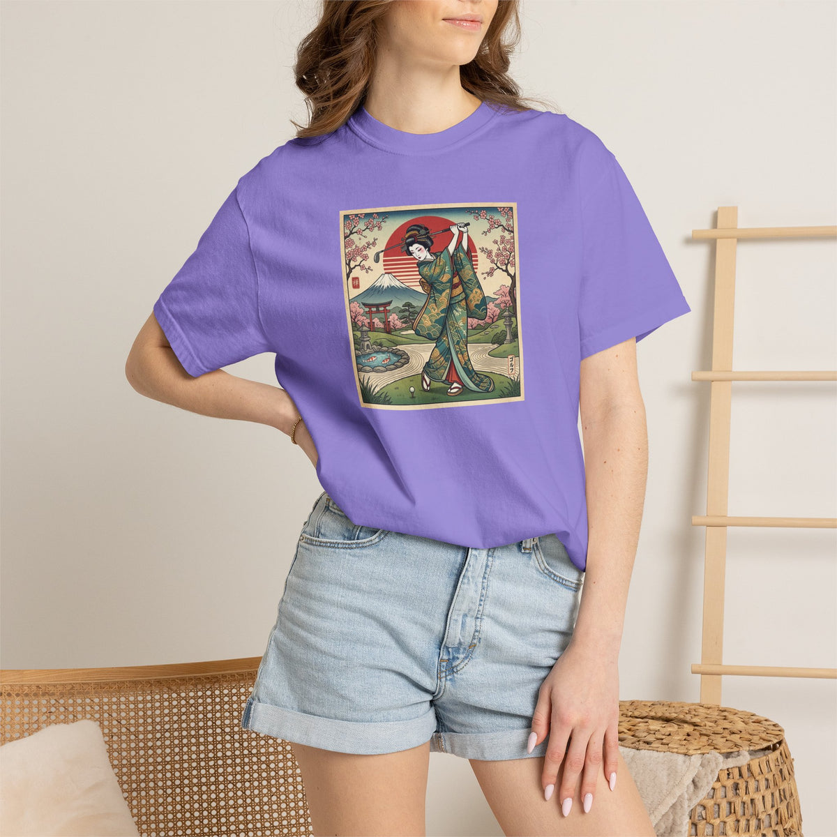 Zen Spot Golf Custom Vintage Japanese Kimono Geisha Golfer Sunset Graphic T-Shirt