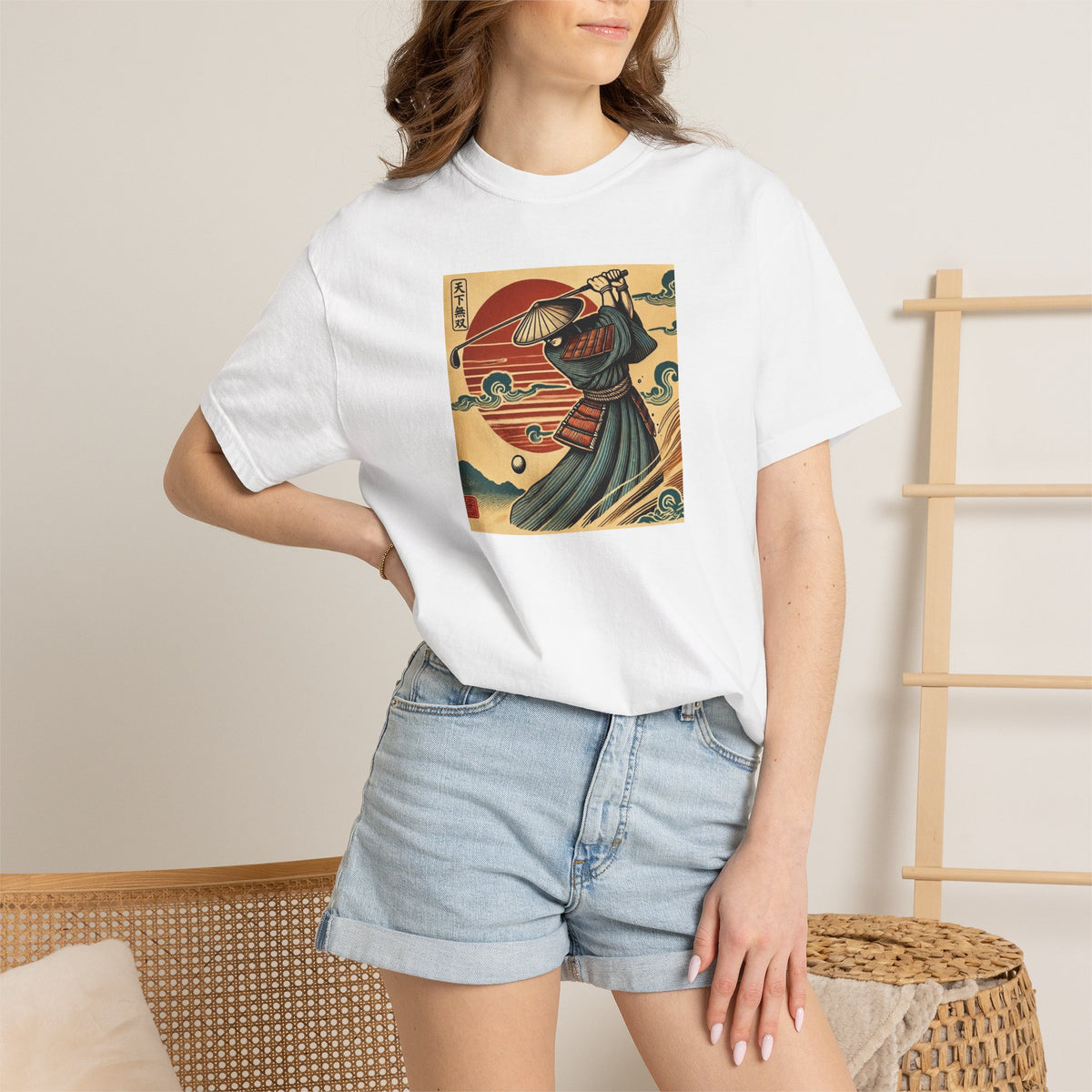 Vintage Japanese Samurai Golfer Sunset Graphic T-Shirt