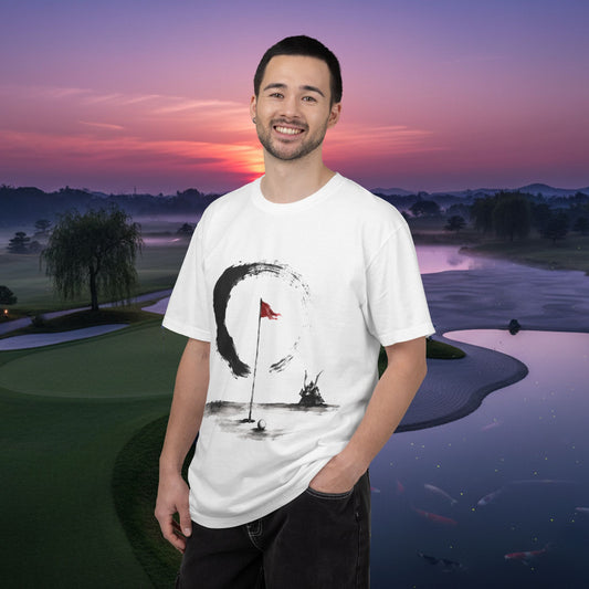 Zen Golf T-Shirt — Minimalist Golf Flag & Enso Brushstroke Design