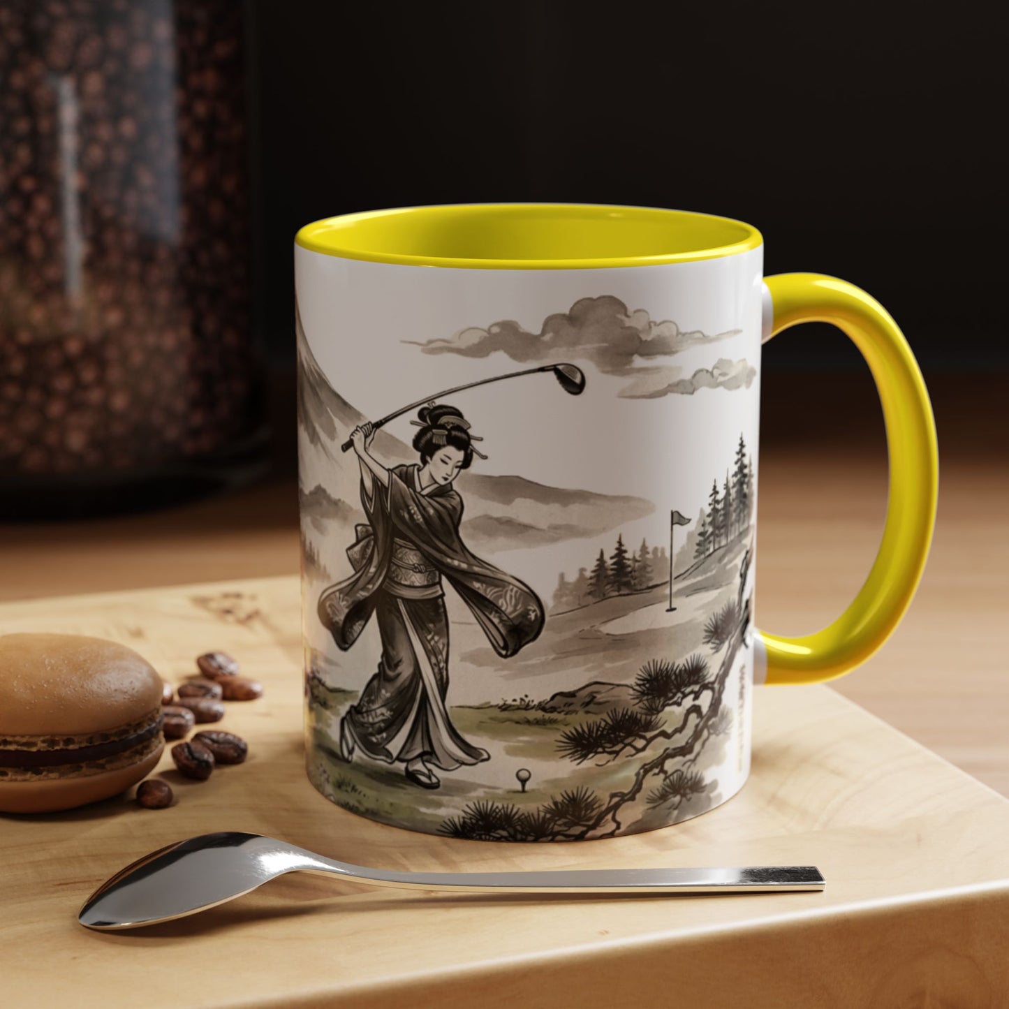 Zen Spot Golf Custom Japanese Golf Scene Accent Coffee Mug Ukiyo-e Style Golfing Geisha (11/15oz)