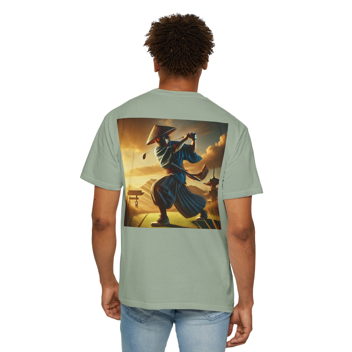 Enso Circle Chest Design Samurai Golfer Sunset Back Graphic T-Shirt