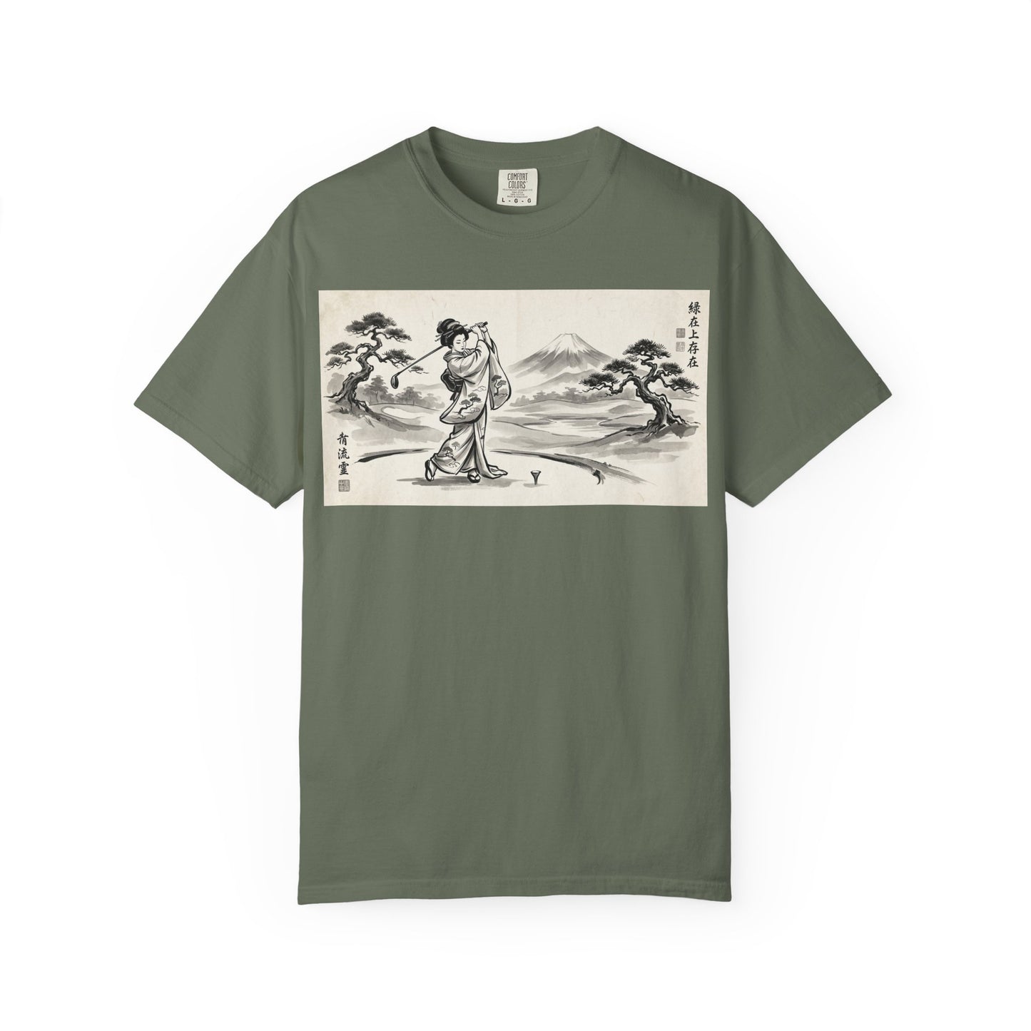 Zen Spot Customized Comfort Colors Japanese Sumi-e Landscape T-Shirt — Vintage Geisha & Mount Fuji Graphic Tee
