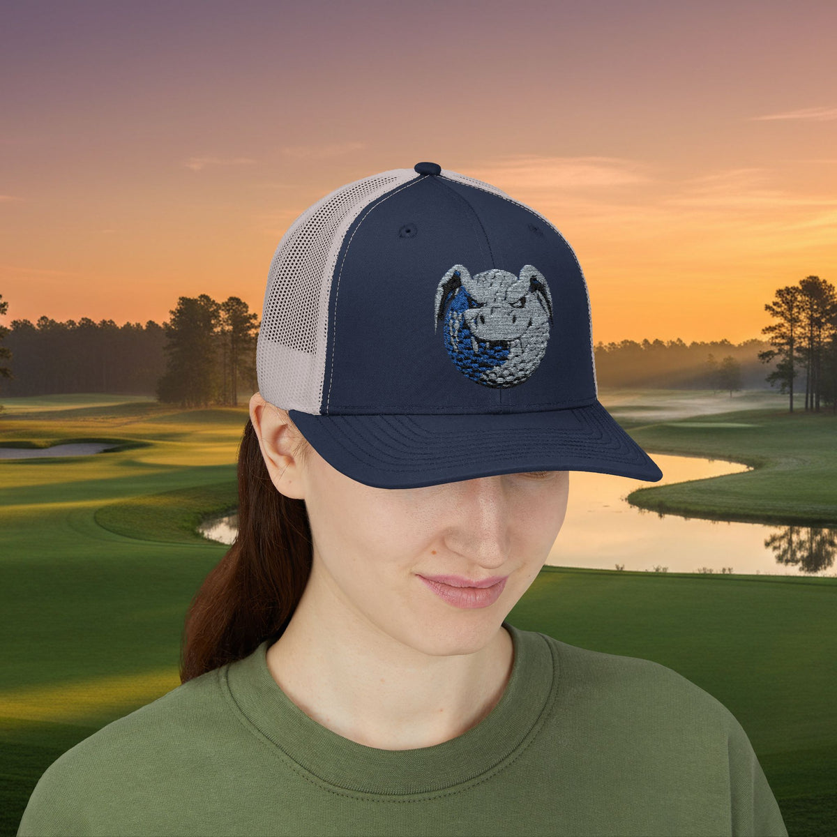 Embroidered Grey Stitched "Dragon Golf Ball" Trucker Cap