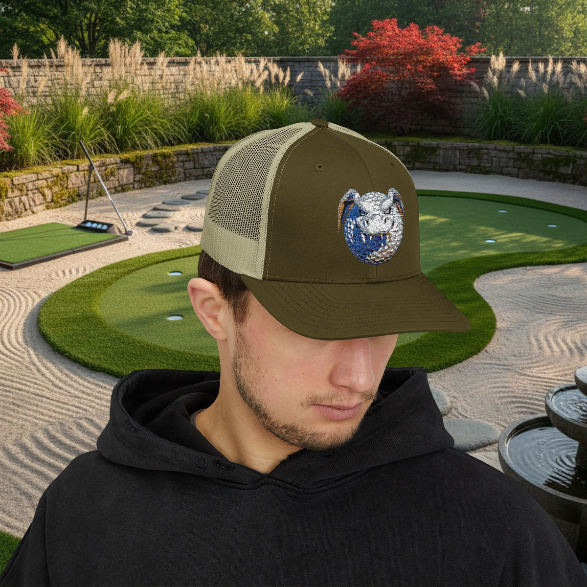 Embroidered White and Brown Stitched "Dragon Golf Ball" Trucker Cap