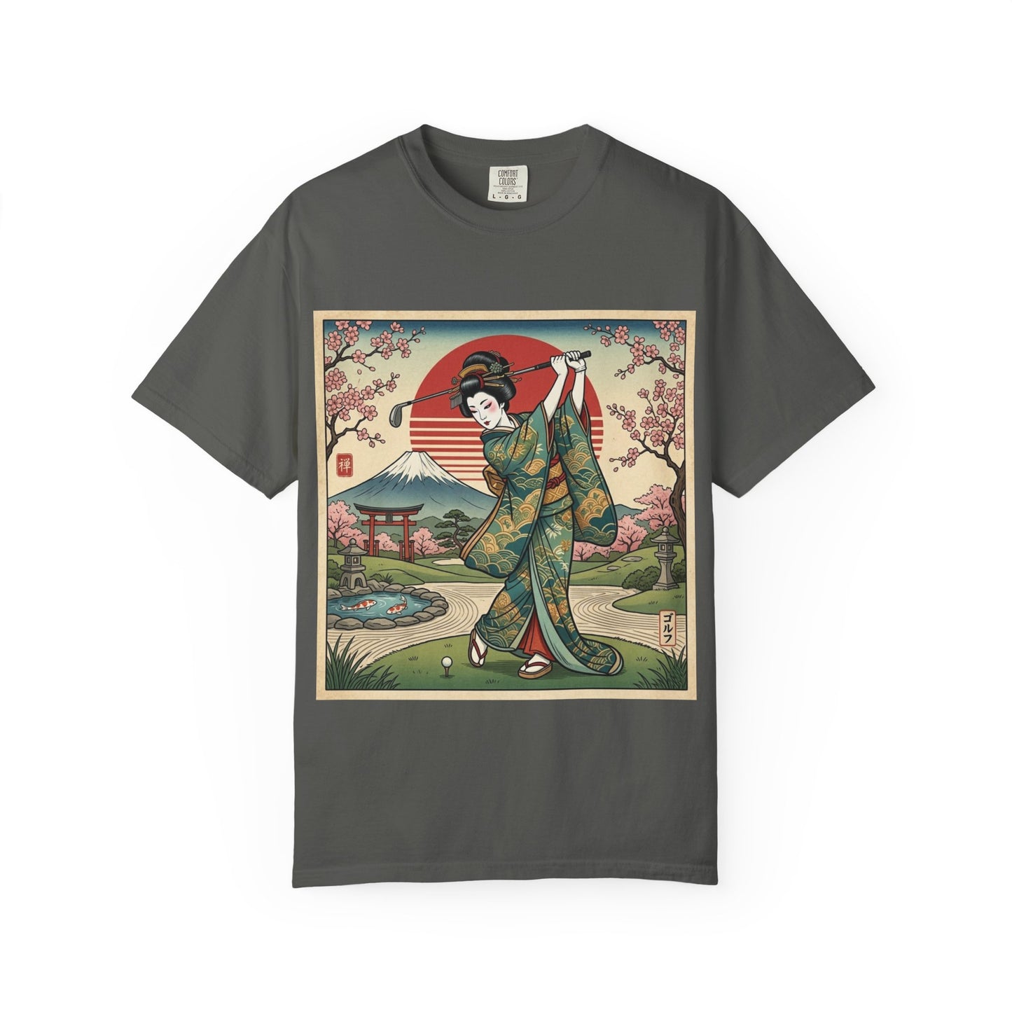 Zen Spot Golf Custom Vintage Japanese Kimono Geisha Golfer Sunset Graphic T-Shirt
