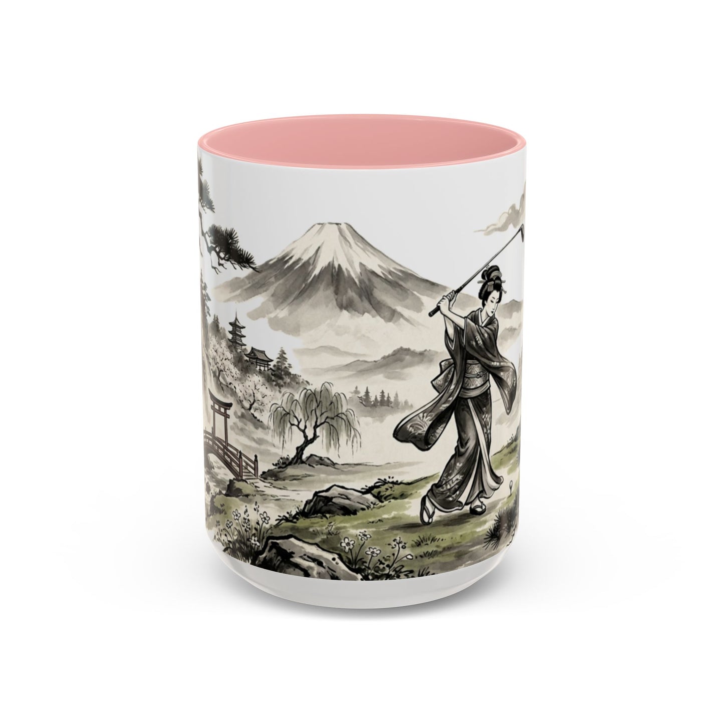 Zen Spot Golf Custom Japanese Golf Scene Accent Coffee Mug Ukiyo-e Style Golfing Geisha (11/15oz)