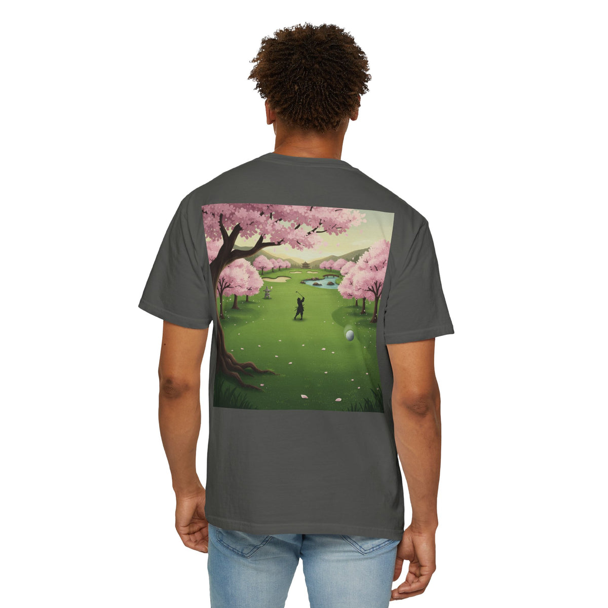 Enso Circle Chest Cherry Blossom Golf Course Back Design Graphic T-Shirt