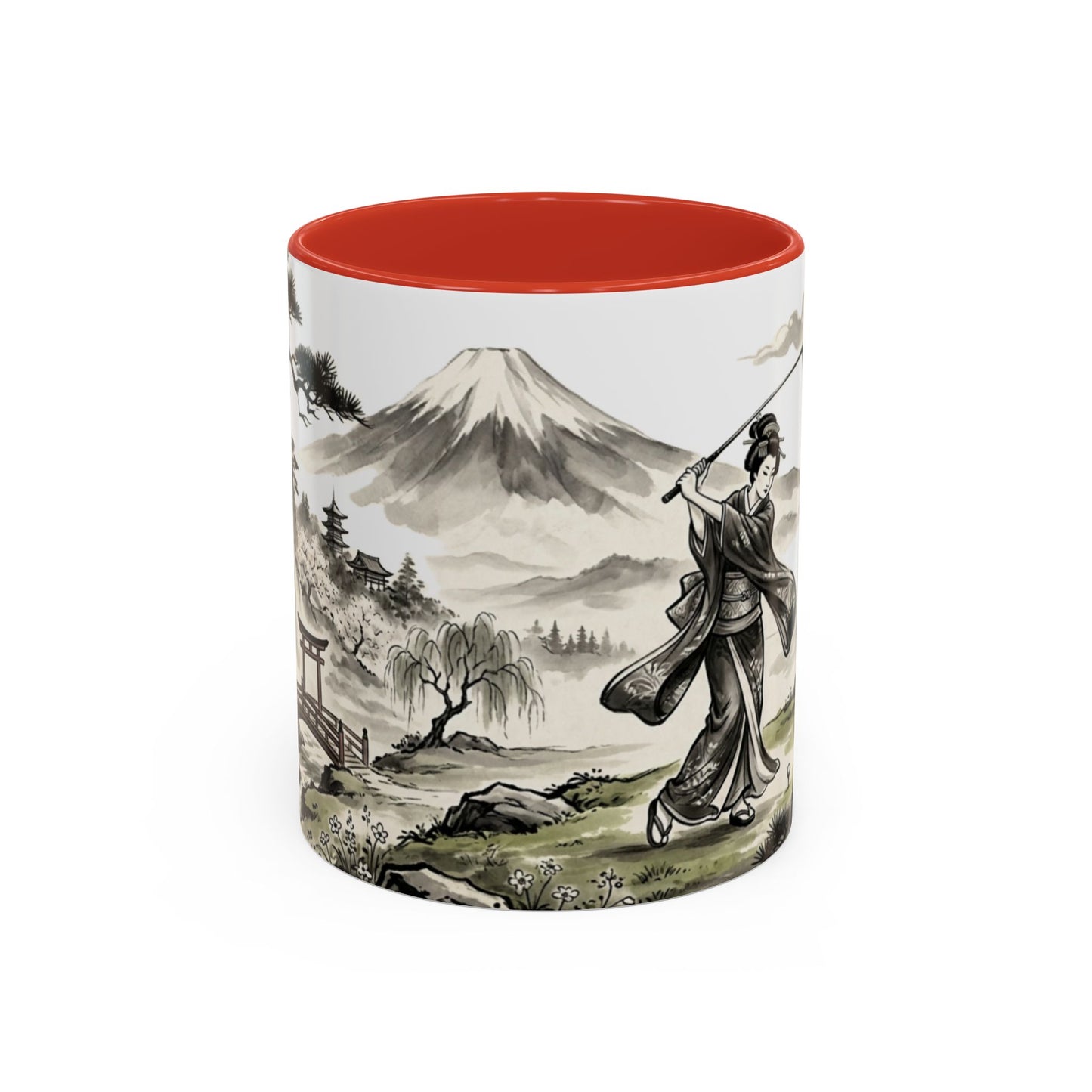 Zen Spot Golf Custom Japanese Golf Scene Accent Coffee Mug Ukiyo-e Style Golfing Geisha (11/15oz)