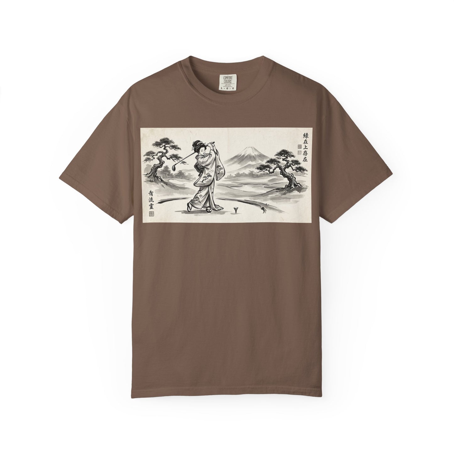 Zen Spot Customized Comfort Colors Japanese Sumi-e Landscape T-Shirt — Vintage Geisha & Mount Fuji Graphic Tee
