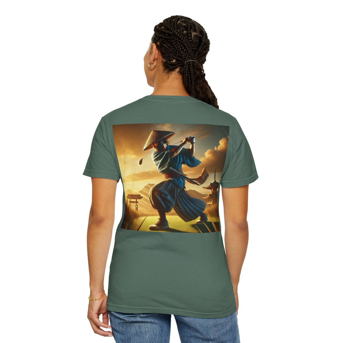 Enso Circle Chest Design Samurai Golfer Sunset Back Graphic T-Shirt