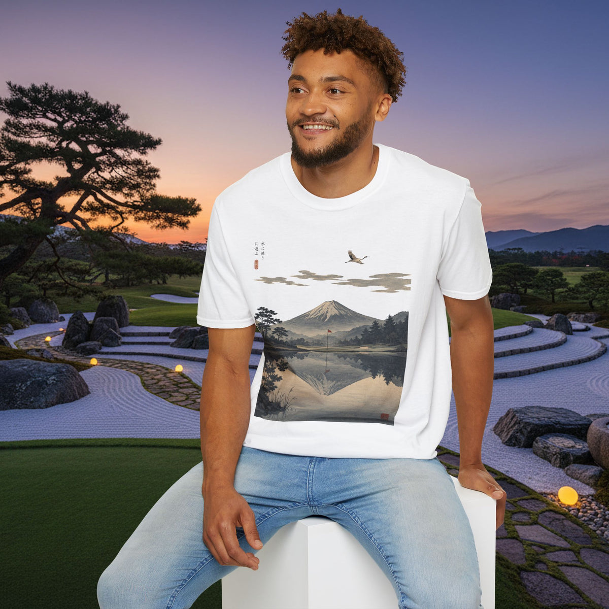 Mountain Golf Reflection T‑Shirt — Japanese Ukiyo‑Style Mount Fuji Golf Scenic Tee