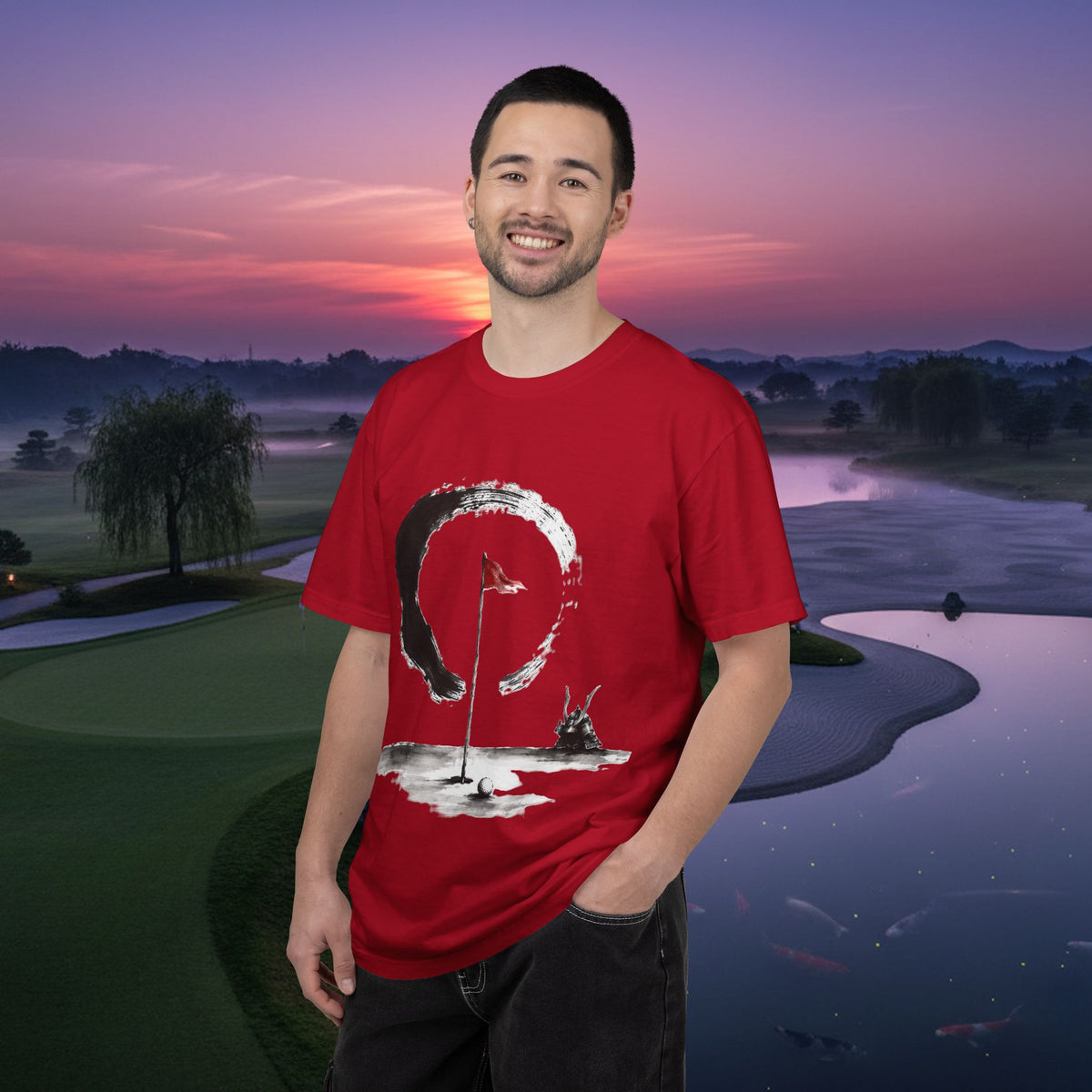 Zen Golf T-Shirt — Minimalist Golf Flag & Enso Brushstroke Design