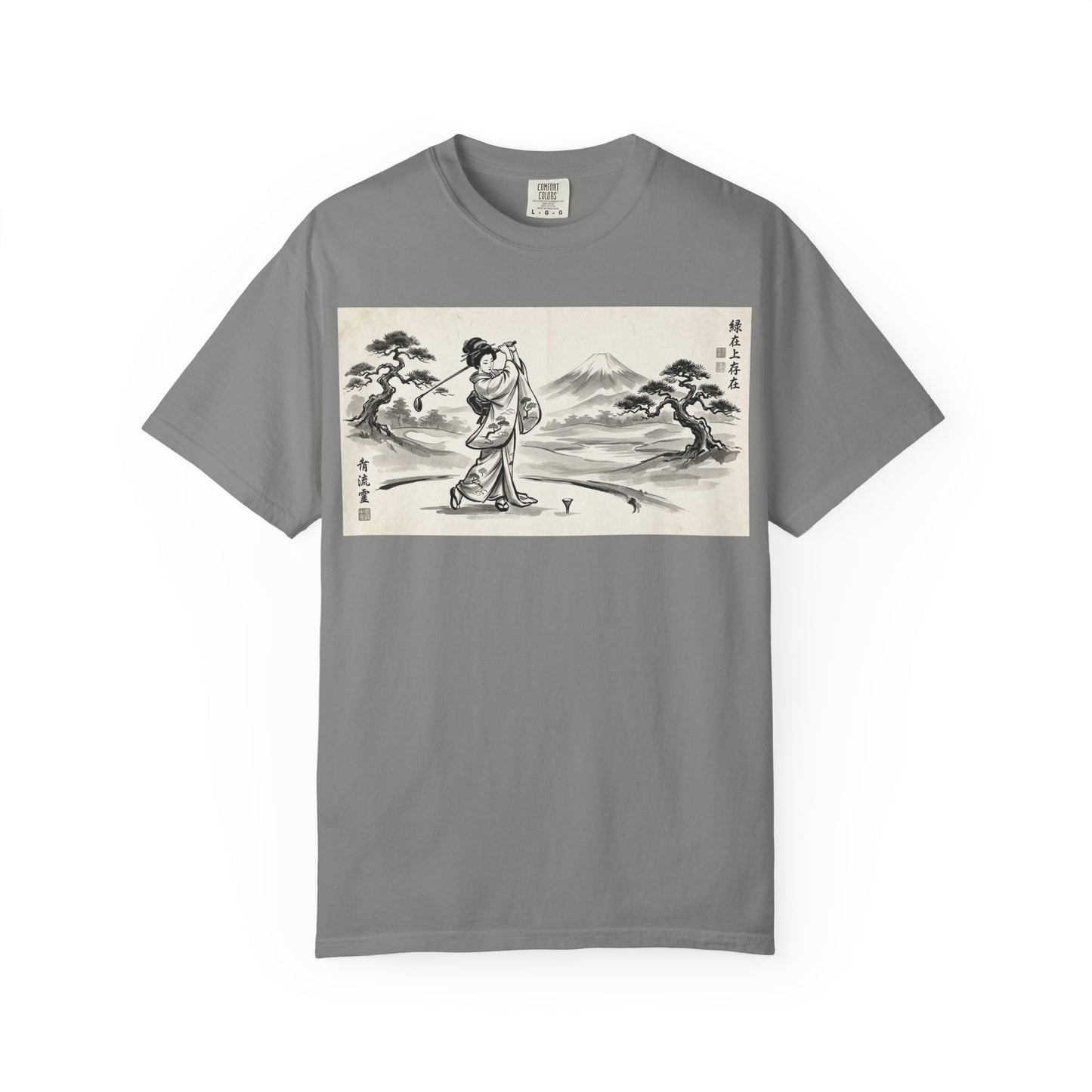 Zen Spot Customized Comfort Colors Japanese Sumi-e Landscape T-Shirt — Vintage Geisha & Mount Fuji Graphic Tee