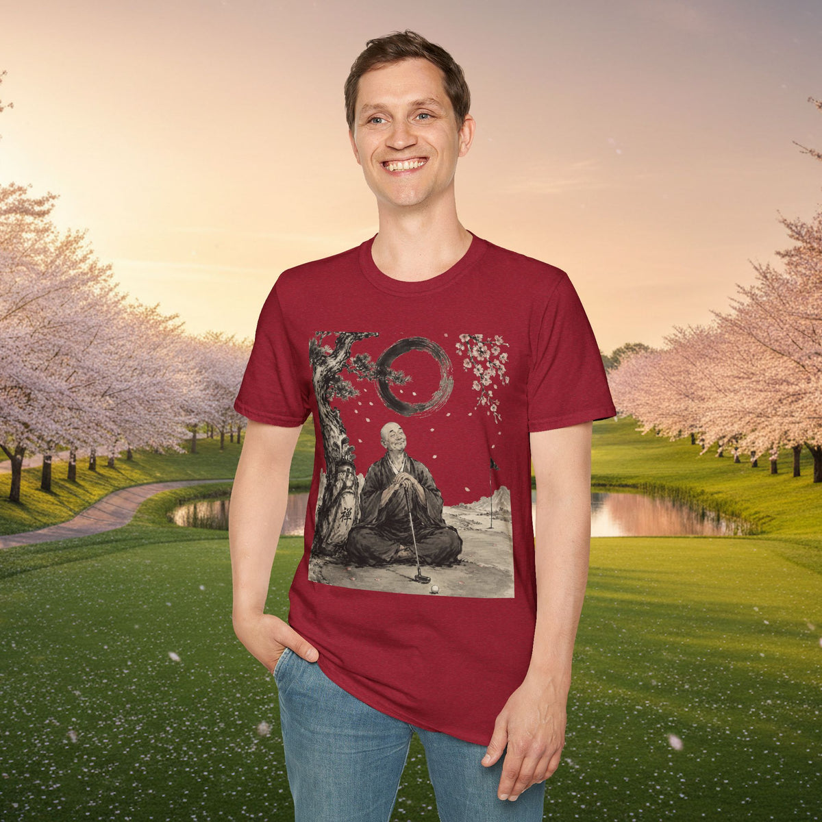 Zen Monk T-Shirt — Enso Circle & Cherry Blossom Meditation Tee