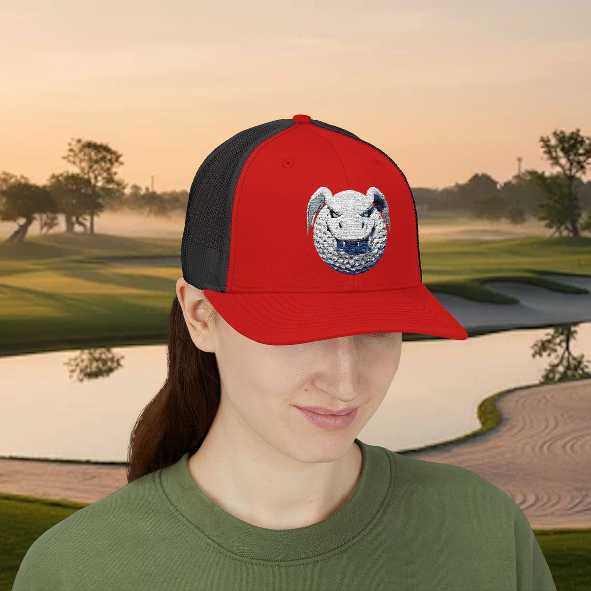 Embroidered White Stitched "Dragon Golf Ball" Trucker Cap