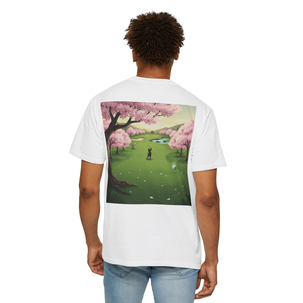 Enso Circle Chest Cherry Blossom Golf Course Back Design Graphic T-Shirt